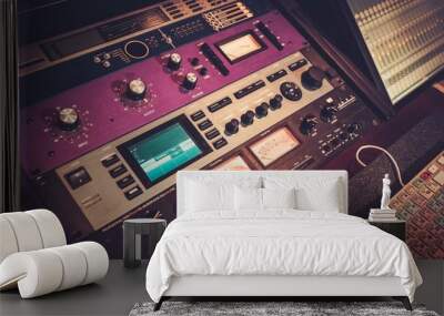 Close-up professional audio equipment with sliders and knobs at boutique recording studio. Wall mural