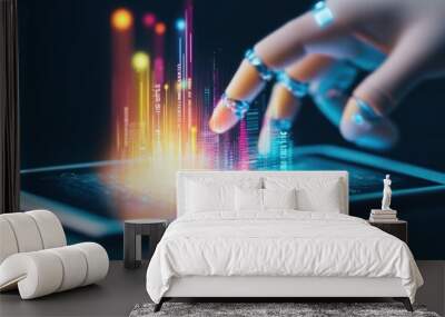 Mechanical fingers creating vibrant data hologram art. Wall mural