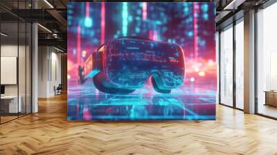 Modern VR goggles with glowing data streams in future city Wall mural