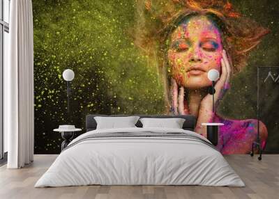 Young woman muse with creative body art and hairdo Wall mural