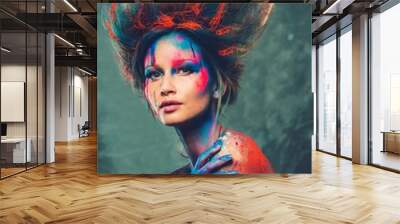 Young woman muse with creative body art and hairdo Wall mural