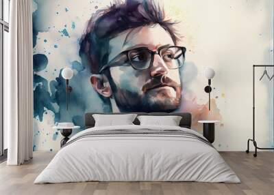 Man with glasses watercolor portrait Wall mural