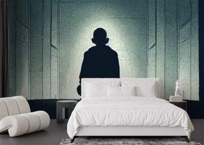 Silhouette of person meditating seated alone in room. Illustration. Wall mural