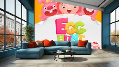 Egg hunt template with girl and two pink rabbits. Wall mural