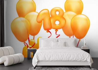 Happy birthday titl flying on yellow gold balloons. 18 anniversary greeting card template Wall mural