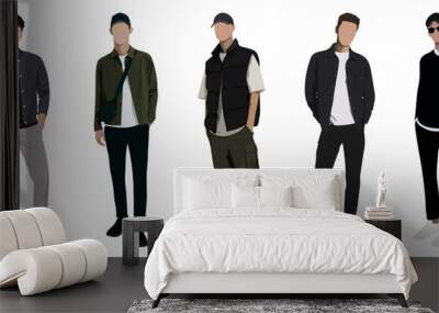 Group fashion men in modern trendy outfits. Young people wearing stylish casual summer clothes. Colored flat graphic vector illustration of fashionable man isolated on white background Wall mural