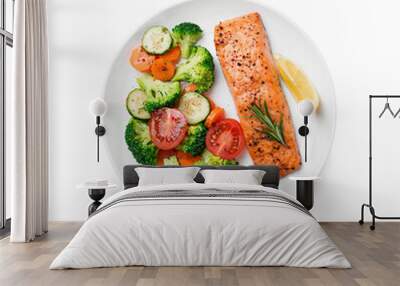 Baked salmon fillet with broccoli and vegetables mix isolated on white background	 Wall mural