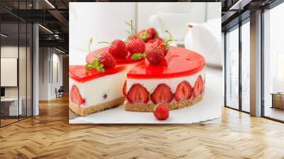 cold cheesecake with strawberry and strawberry jelly. Wall mural