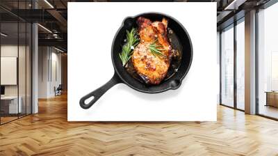 Fried pork steak in frying pan  isolated on white background.  Wall mural