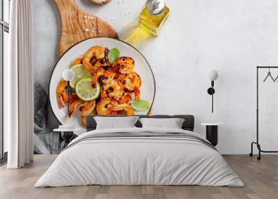 Grilled tiger shrimps with spice and lime. Light gray background, top view. Space for text	 Wall mural