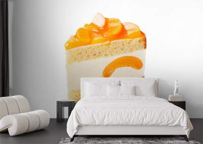 Layered cheesecake piece with peaches isolated on  white background. Wall mural