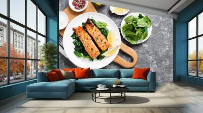 Salmon fillet with spinach . Wall mural