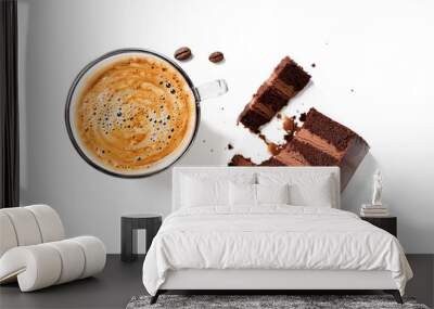 Slice  chocolate cake with cup of coffee isolated on white background. Wall mural