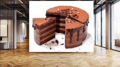 Super chocolatey cake  with dark Belgian chocolate  with ganache cream and chocolate glaze drips. Isolated on white background Wall mural