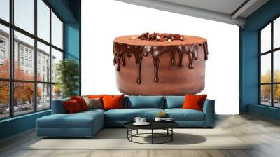 Super chocolatey cake  with dark Belgian chocolate  with ganache cream and chocolate glaze drips. Isolated on white background Wall mural