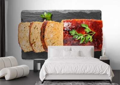 Tasty homemade ground baked chicken meatloaf glazed with barbeque sauce .	top view. isolated on white background Wall mural