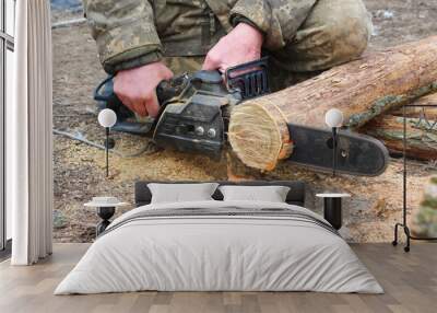 A man works with a saw on a tree. A man working with a professional hacksaw, preparing firewood. Chainsaw in motion, processing hard wood in the forest, around sawdust. Selective focus. Wall mural