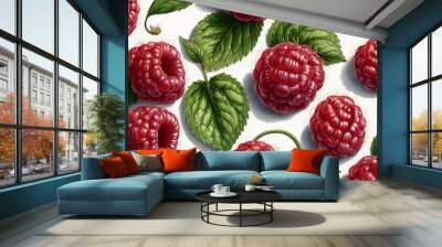 A detailed pattern of ripe raspberries and lush green leaves, showcasing vibrant colors and textures, perfect for a natural and fresh design with a botanical theme Wall mural