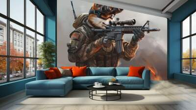 Anthropomorphic Shiba Inu soldier in tactical gear aiming a rifle, wearing goggles and American flag patch, set in a warzone with explosions in the background. Wall mural