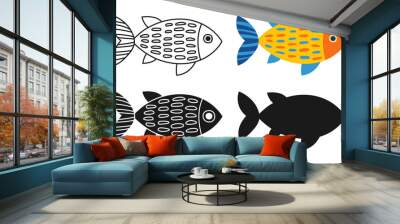 Aquarium fantasy fish linear icon, abstract cartoon symbol set. Exotic childish sea drawn fish with hand drawn doodle ornament. Sign ocean fishes silhouette shape or doodle art. Vector illustration Wall mural