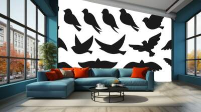 Bird dove silhouette shape set. Modern trendy abstract fowl sparrow, dove pigeon figure illustration. Cute various simple contour birds songbird collection. Drawing engraved press graphic elements Wall mural