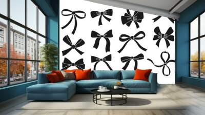 Bow ribbon black glyph set. Festive decoration, packaging, invitation elements for sale shopping Birthday Party, Valentine Day or Wedding design. Holiday anniversary surprise gift symbol Wall mural