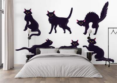 Cat black horror flat cartoon set. Halloween creepy thin kitten, cute or scary wicked, old wild cats collection. Funny playing character pet kitty design. Isolated vector illustration Wall mural