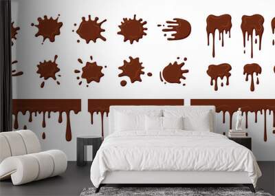 Chocolate streams dripping, blob set. Current splatter melted chocolate, decorative shapes liquids. Stain shape collection, splashes drops, cartoon flat spatters. Isolated vector illustration Wall mural