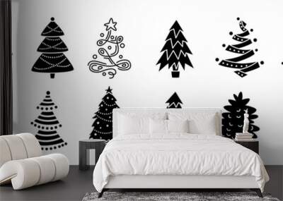 Collection Christmas tree black glyph. Hand drawing monochrome xmas trees cartoon set. New Year traditional design ornaments, stars or garlands. Stylized symbol for holiday flat vector illustration Wall mural