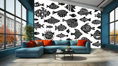 Fish abstract tropical ornamental stamp set. Linear doodle modern trendy exotic aquarium animal printing, cartoon nautical print seal. Simple ornament freshwater, sea fishes monochrome vector element Wall mural