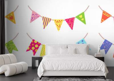 Flag garland bunting party set. Colorful buntings pennants for celebration, festival. Birthday hanging flags party, cartoon flat collection. Decoration holiday surprise. Isolated vector illustration Wall mural