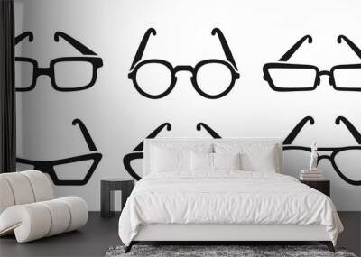 Glasses stylish black silhouette icon set. Rim glasses, spectacle frame and eyewear shape. Fashion woman or man glasses, hipster, geek spectacles optical. Hand drawn Isolated vector illustration Wall mural