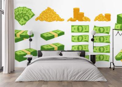 Money cash dollar stack, pile coin cartoon set. Gold coins heap, bank currency. Hundreds paper green dollars bundle bill. Huge packed banknotes, accumulation finance debt. Isolated vector illustration Wall mural