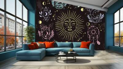 Mystic and astrology, witch magic occult symbols around sun. Esoteric doodle boho elements, magic witchcraft crystal, heart icon. For tattoo print fantasy magician sign vector dark background grunge Wall mural