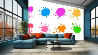 Paint splash shape colorful set. Round ink splatter flat collection, decorative shapes liquids. Grunge splashes, drops, spatters cartoon style. Stain colored collection. Isolated vector illustration Wall mural