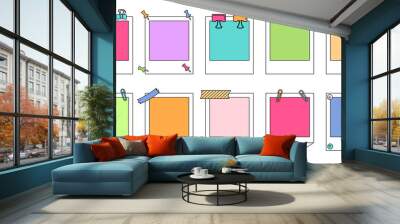 Polaroid photo frame line cartoon set. Notebook collection with paper clip, push pins. Paper notes memo messages with elements planning. Various tag business office, writing reminds. Isolated vector Wall mural