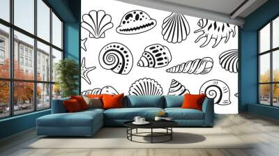 Sea shell sink doodle cartoon set. Ocean exotic underwater seashell conch aquatic mollusk, sea spiral snail marine starfish symbol collection. Tropical beach shells nature aquatic design illustration Wall mural