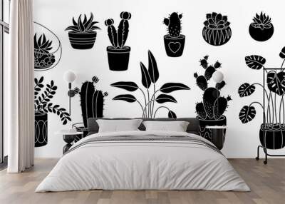 Succulents and plant, decorative potted ceramic flat silhouette set. Black glyph cartoon interior indoor flower. House plants, cactus monstera flowerpot. Isolated vector illustration Wall mural