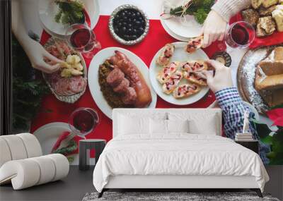 Flat-lay of friends celebrating Christmas together Wall mural