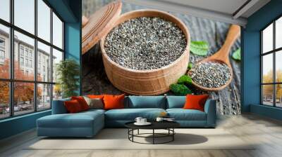 Healthy Chia seeds in a wooden bowl Wall mural