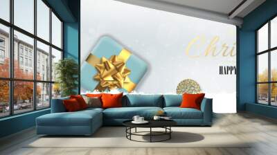 Christmas holiday horizontal banner with 3D realistic Xmas gift boxes, gold ornament, snow. Text Merry Christmas happy New Year. 3D render. Holiday design on snow and snowflakes background Wall mural