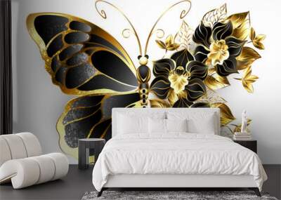 Gold flower butterfly with black orchid Wall mural