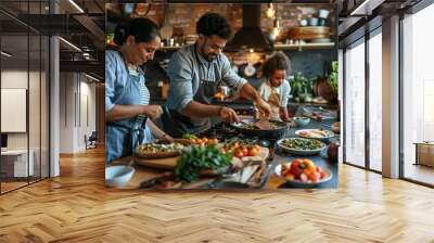 A happy family cooks together in a cozy kitchen filled with fresh vegetables, creating a delicious and healthy meal, fostering togetherness and teamwork Wall mural