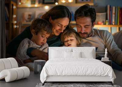 A loving family enjoys a cozy bedtime story together, with warm lighting and a comfortable setting, creating a serene and intimate moment Wall mural