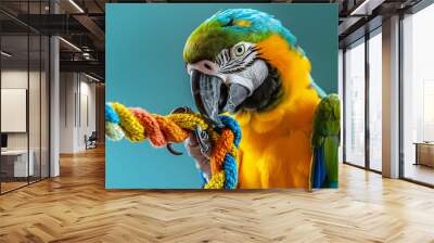 Colorful parrot playing with a toy against a bright background Wall mural