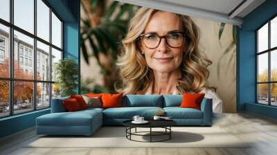 Confident middle-aged woman with glasses and wavy hair posing in a lush indoor garden Wall mural