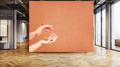 Female hands and snail close-up and copy space on terracotta wall background. Skincare concept with cosmetics snail mucin... Wall mural