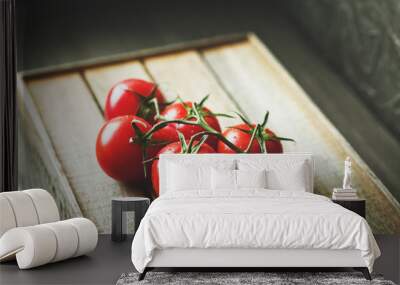 Natural texture of ripe juicy red tomatoes close-up and copy space. Tomatoes on a dark background, the concept of healthy food, toned photo Wall mural