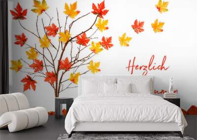 Branches Building Tree With Bright Colorful Leaf Decoration. Red And Yellow Leaves Flying Away Due To Wind. German Text Herzlich Willkommen Means Welcome. White Background Wall mural