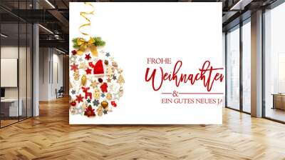 Christmas Ball Build Of Vairous Christmas Decoration And Ornaments. German Text Frohe Weihnachten Und Ein Gutes Neues Jahr Means Merry Christmas And A Happy New Year. White Isolated Background Wall mural